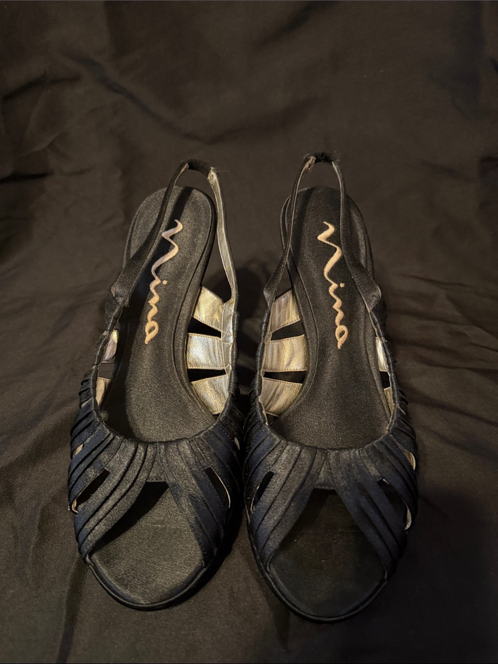 Nina Black Satin Slingback Peep-Toe Sandals 11M